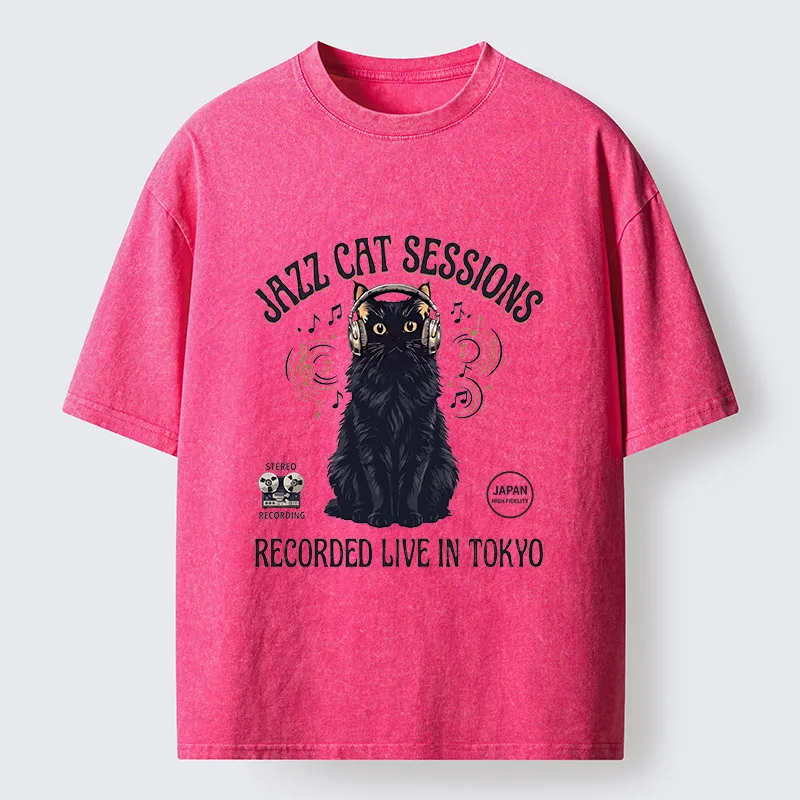 Tokyo-Tiger Jazz Cat Vibes Washed T-Shirt