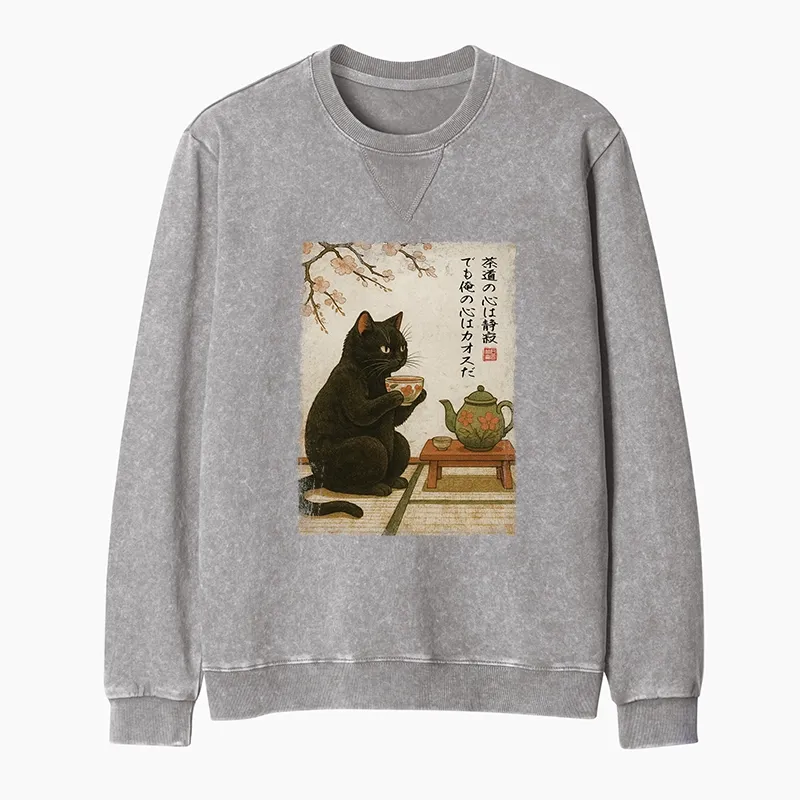 Tokyo-Tiger Tea Time With A Black Cat Washed Terry Sweatshirt