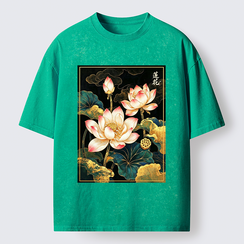 Tokyo-Tiger Oriental Lotus Print Washed T-Shirt
