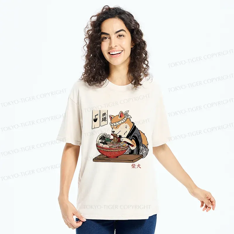 Tokyo-Tiger Shiba Inu Eating Ramen Japan Washed T-Shirt