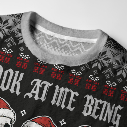 Tokyo-Tiger Look at Me Being Festive Skeleton Fuzzy Christmas Ugly Sweatshirt