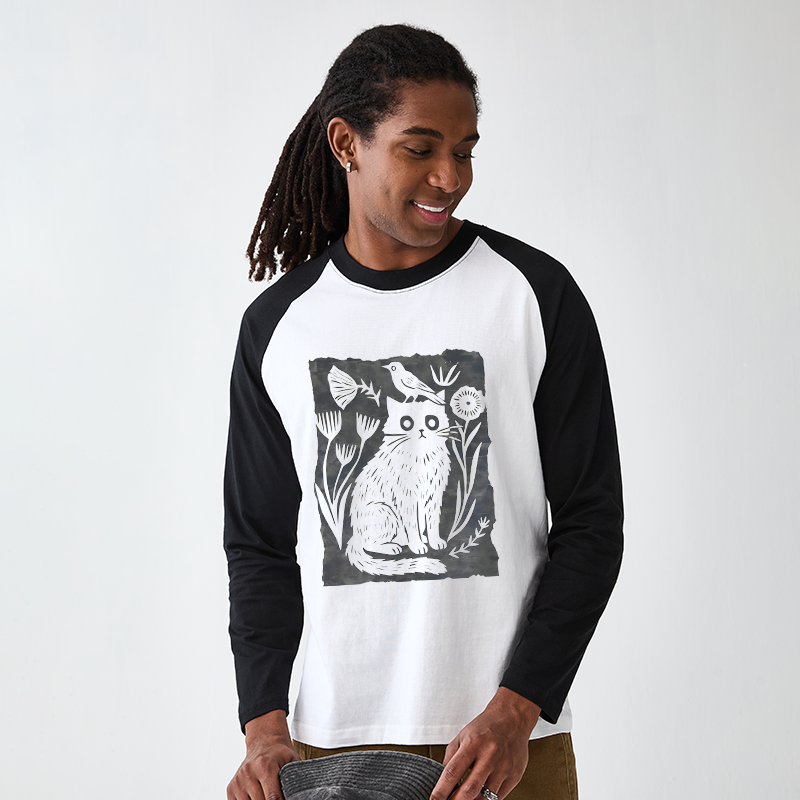 Tokyo-Tiger Folk Paper Cut Cat Bird Floral Art Raglan Long Sleeve T-shirt