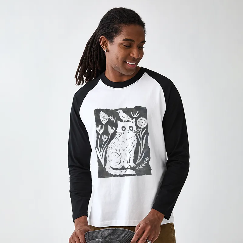 Tokyo-Tiger Folk Paper Cut Cat Bird Floral Art Raglan Long Sleeve T-shirt