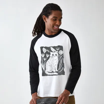 Tokyo-Tiger Folk Paper Cut Cat Bird Floral Art Raglan Long Sleeve T-shirt