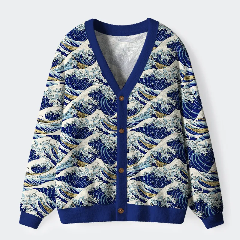 Tokyo-Tiger Tokyo-Tiger Japanese Great Wave Ugly Cardigan Sweater