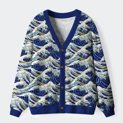 Tokyo-Tiger Tokyo-Tiger Japanese Great Wave Ugly Cardigan Sweater