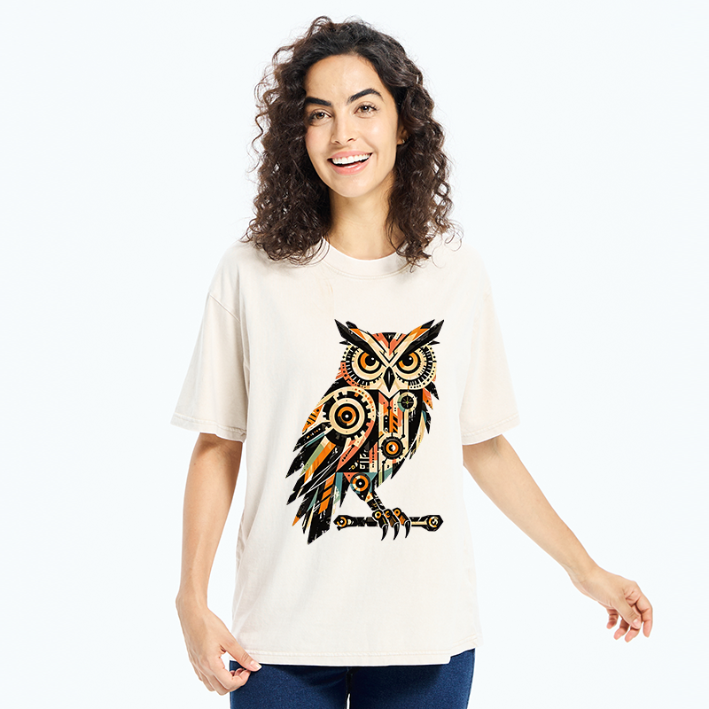 Tokyo-Tiger Mechanic Gear Art Owl Washed T-Shirt