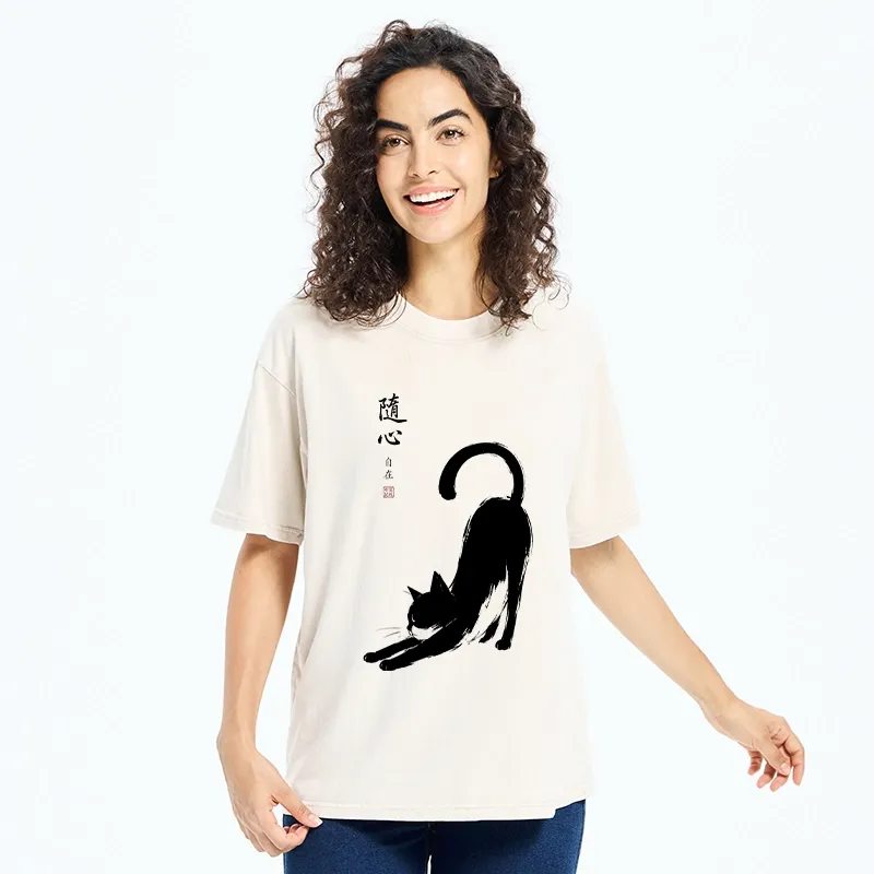 Tokyo-Tiger Zen Ink Wash Cat Stretching Art Washed T-Shirt