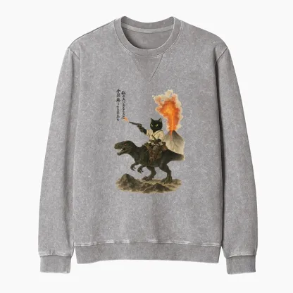 Tokyo-Tiger Cat Riding A Dinosaur Washed Terry Sweatshirt