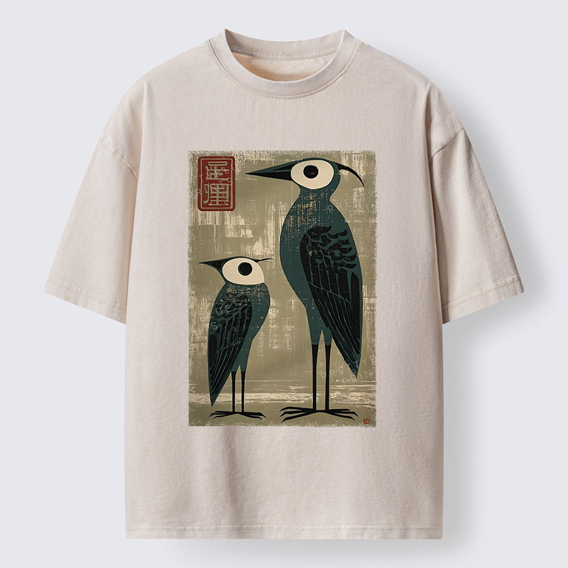 Tokyo-Tiger Retro Two Birds Art Washed T-Shirt