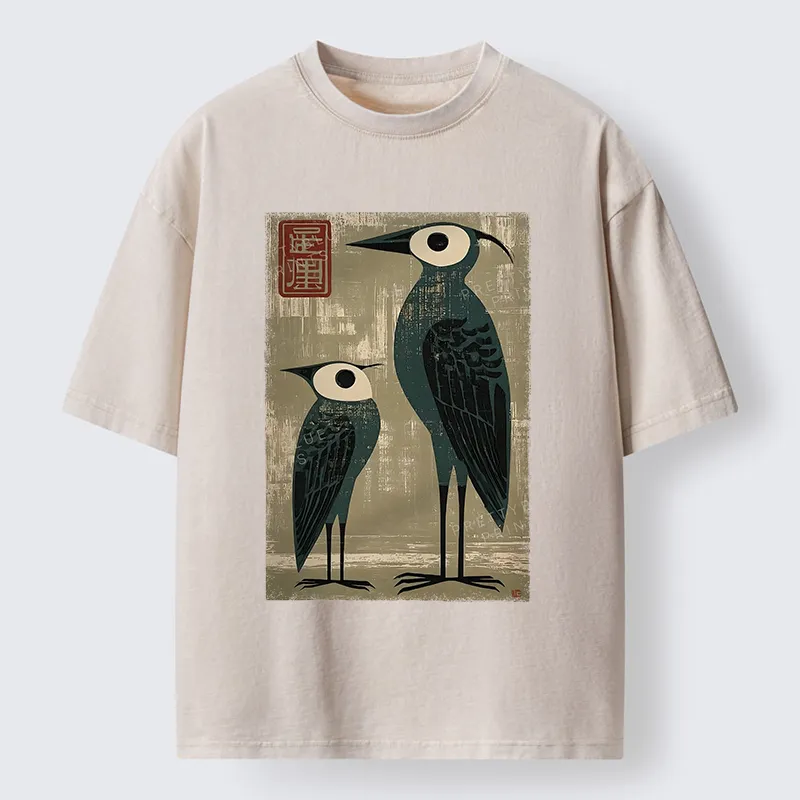 Tokyo-Tiger Retro Two Birds Art Washed T-Shirt