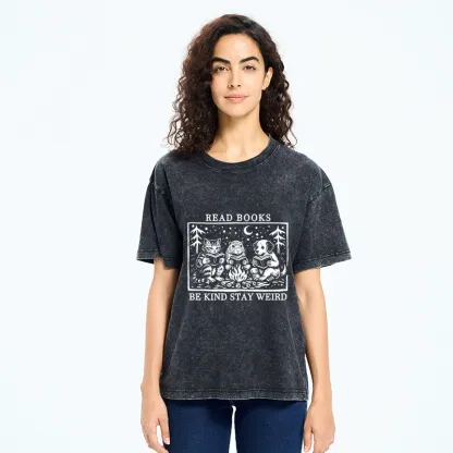 Tokyo-Tiger Be Kind Stay Weird Book Loving Forest Pals Washed T-Shirt