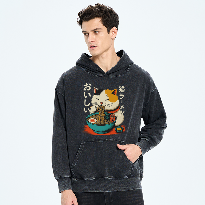 Tokyo-Tiger Cute Eat Eating Japanese Ramen Washed Hoodie