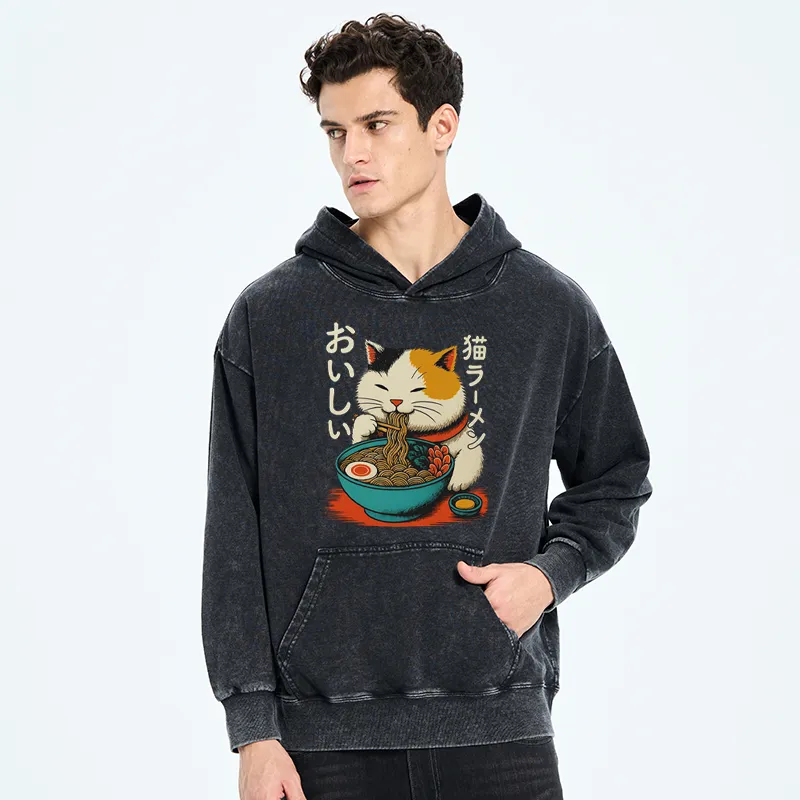 Tokyo-Tiger Cute Eat Eating Japanese Ramen Washed Hoodie