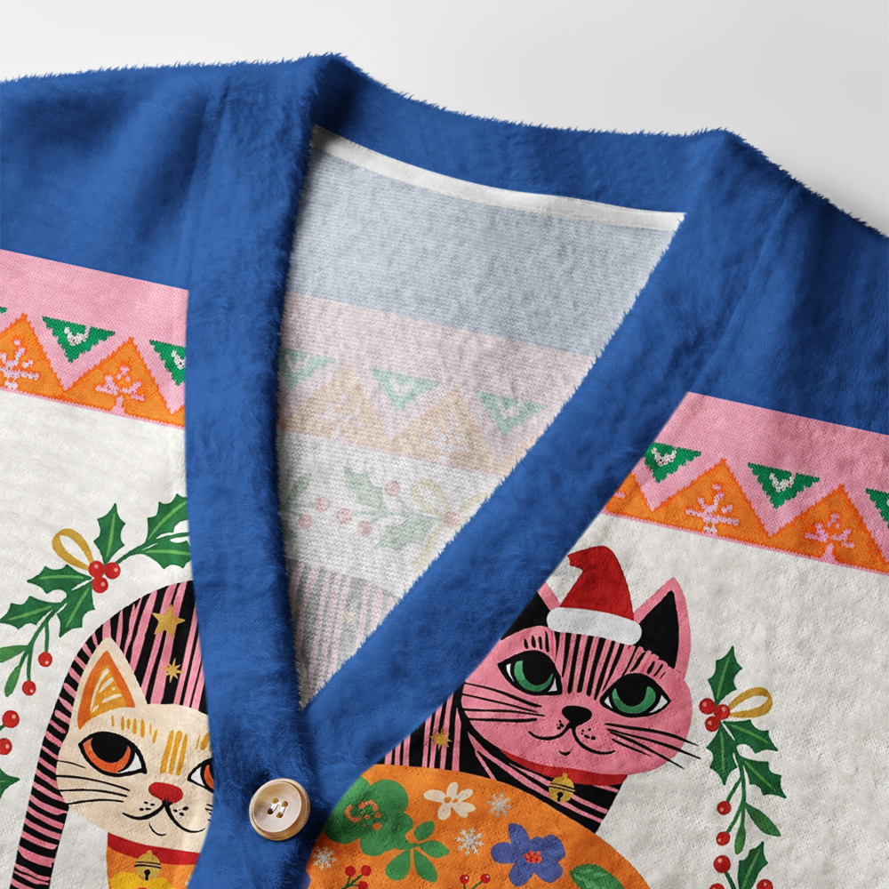 Tokyo-Tiger Funny Cat：The Cat Stack Fuzzy Christmas Ugly Cardigan Sweater