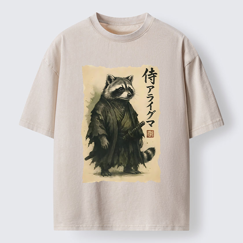Tokyo-Tiger Japanese Samurai Raccoon Art Washed T-Shirt