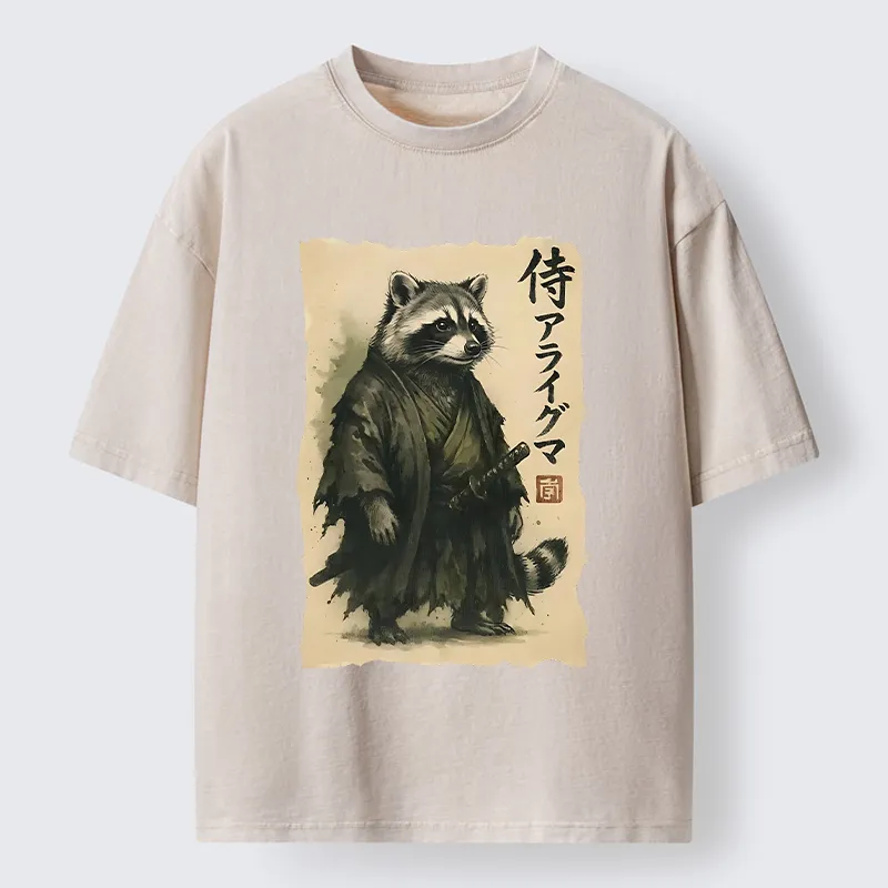 Tokyo-Tiger Japanese Samurai Raccoon Art Washed T-Shirt