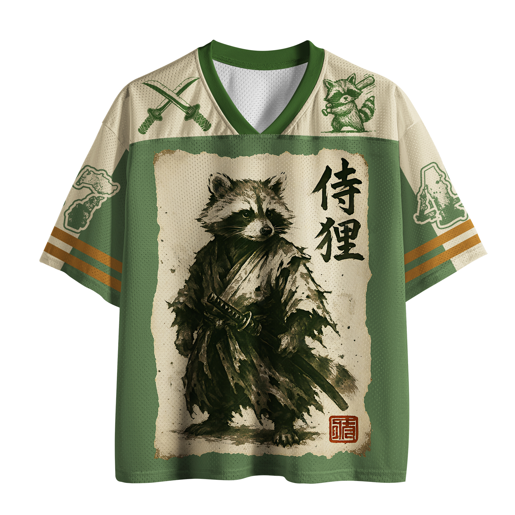 Tokyo-Tiger Funny Retro Raccoon Samurai Mesh Jersey