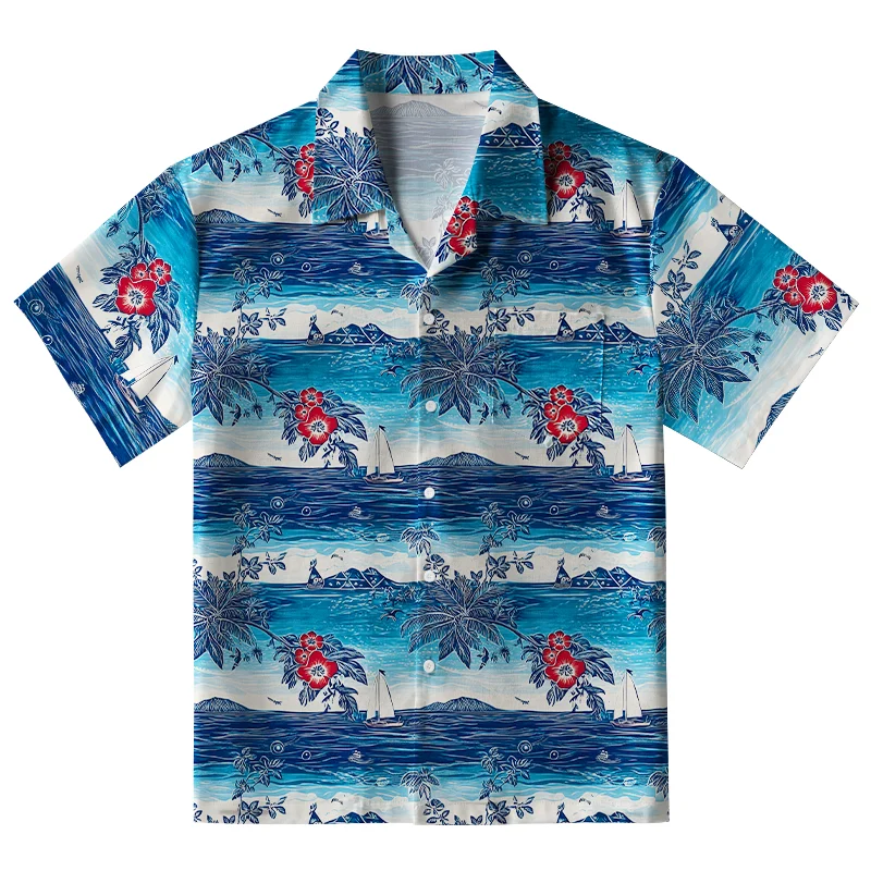 Tokyo-Tiger Seaside Floral And Sailboats Aloha Hawaiian Shirt