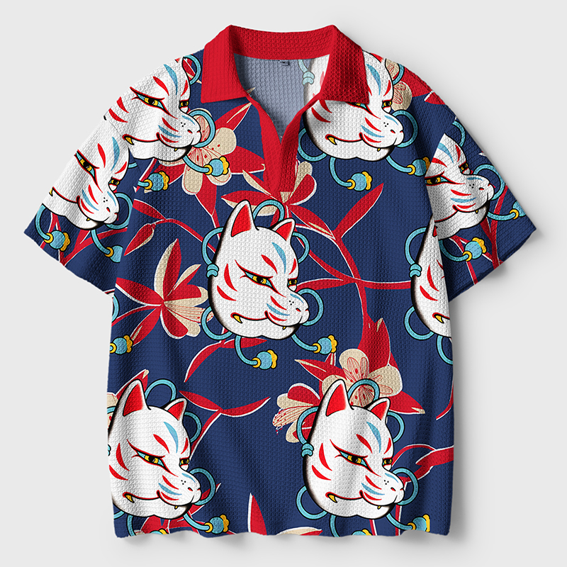 Tokyo-Tiger Japanese Fox Mask Crochet Polo Shirt
