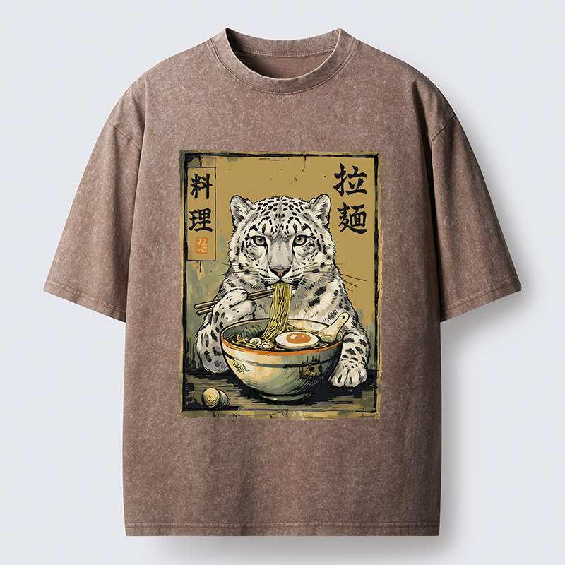 Tokyo-Tiger Ramen Snow Leopard Meme Washed T-Shirt