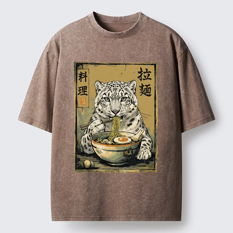 Tokyo-Tiger Ramen Snow Leopard Meme Washed T-Shirt