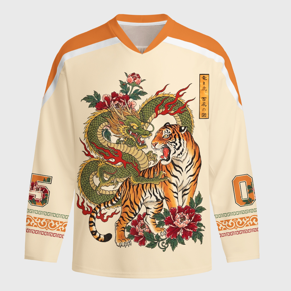 Tokyo-Tiger Dragon Tiger Wealth Peonies Long-Sleeve Hockey Jersey