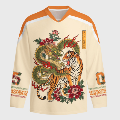 Tokyo-Tiger Dragon Tiger Wealth Peonies Long-Sleeve Hockey Jersey