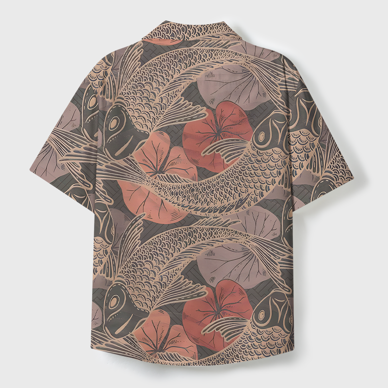 Tokyo-Tiger Swimming Koi Cuban Collar Shirt