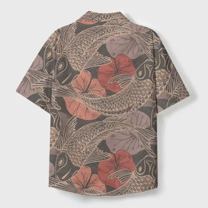Tokyo-Tiger Swimming Koi Cuban Collar Shirt