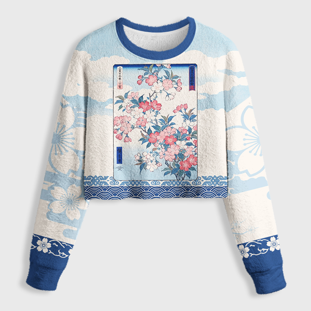 Tokyo-Tiger Japanese Sakura Floral Women's Fuzzy Cropped Sweatshirt