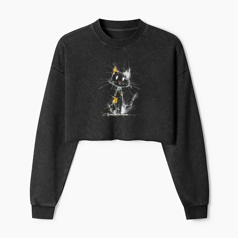 Tokyo-Tiger Minimal Splash Ink Cute Cat Washed Crop Sweatshirt