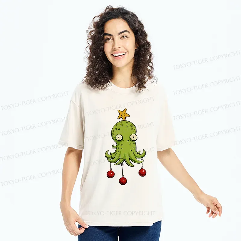 Tokyo-Tiger Christmas Tree Octopus Washed T-Shirt