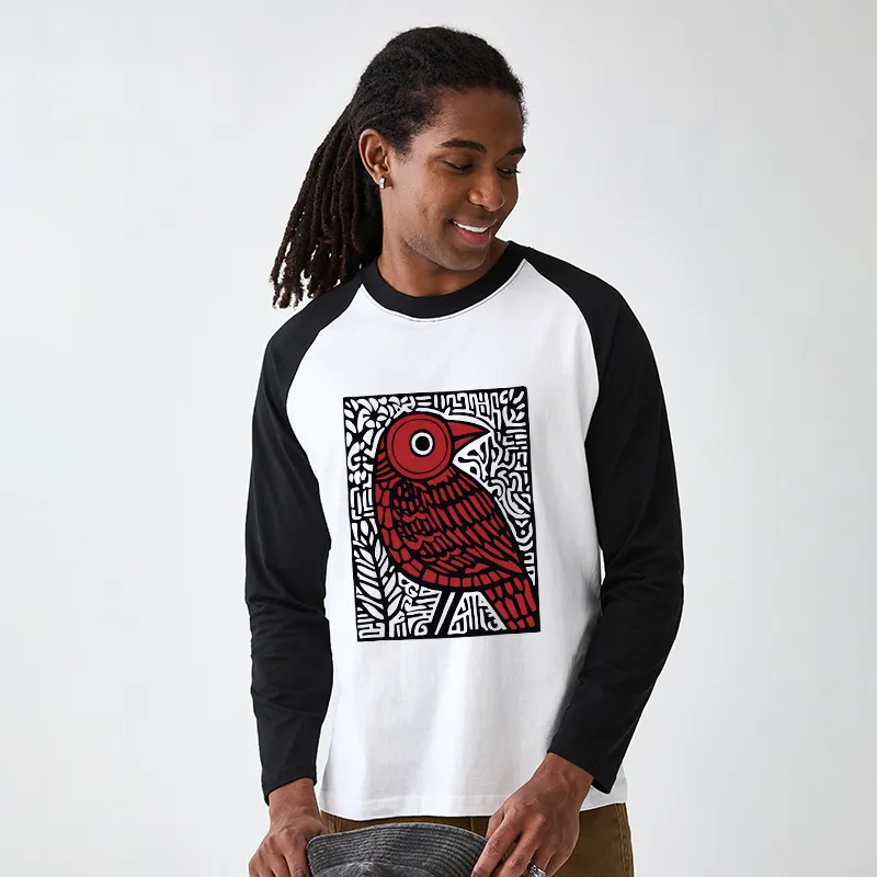 Tokyo-Tiger Retro Woodblock Bird Raglan Long Sleeve T-shirt