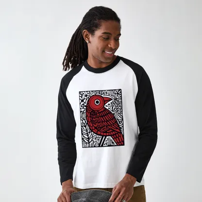Tokyo-Tiger Retro Woodblock Bird Raglan Long Sleeve T-shirt