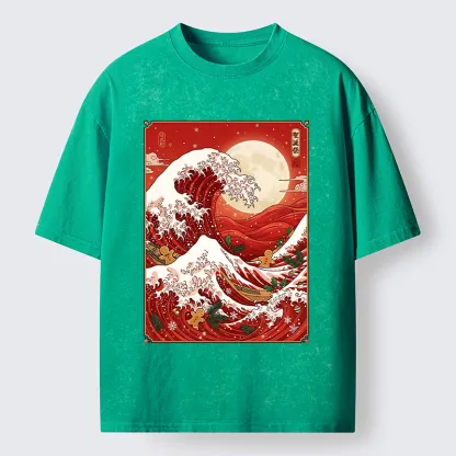 Tokyo-Tiger Gingerbread Surfing Christmas Wave Art Washed T-Shirt