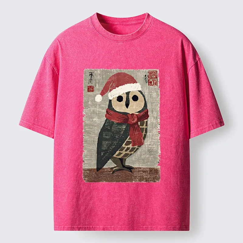 Tokyo-Tiger Christmas Owl Santa Hat Washed T-Shirt