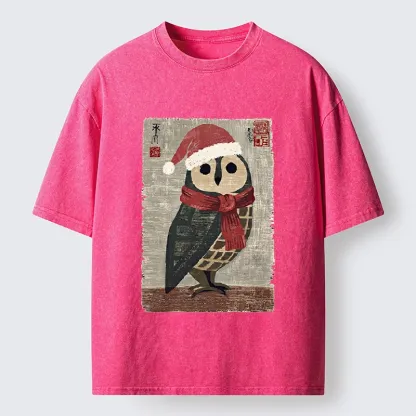 Tokyo-Tiger Christmas Owl Santa Hat Washed T-Shirt