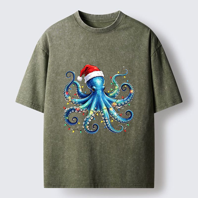 Tokyo‑Tiger Christmas Octopus Lights Washed T‑Shirt