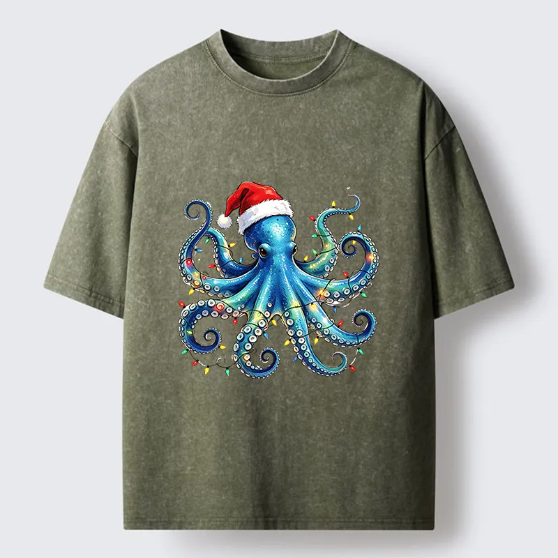 Tokyo‑Tiger Christmas Octopus Lights Washed T‑Shirt