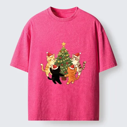 Tokyo-Tiger Cat Christmas Tree Party Washed T-Shirt