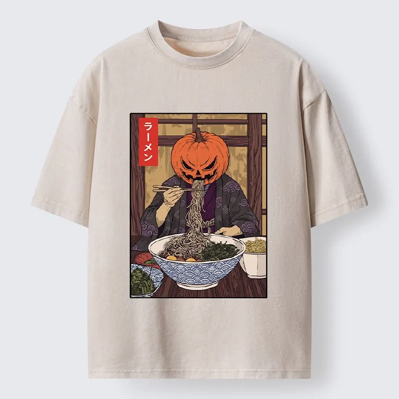 Tokyo‑Tiger Pumpkin Ramen Meme Washed T‑Shirt