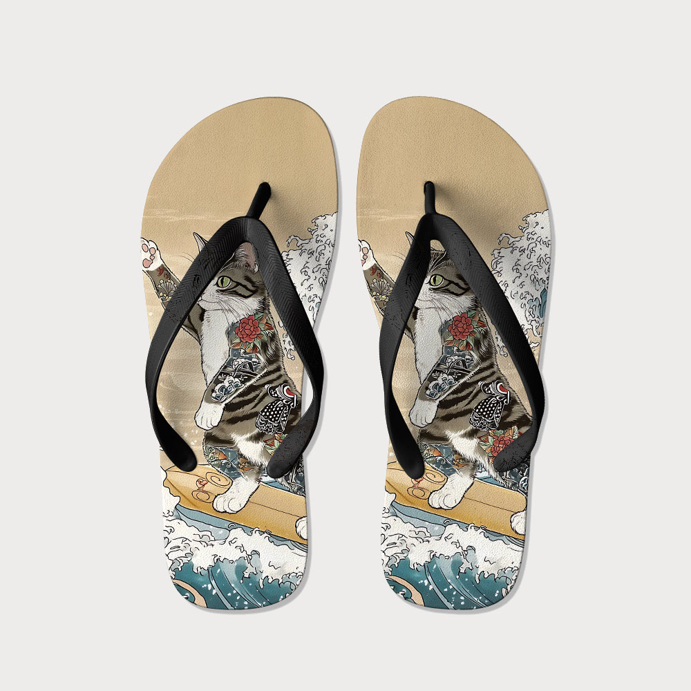Tokyo-Tiger Cat Surfing Flip Flops