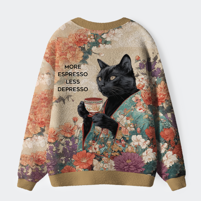 Tokyo-Tiger Cat:More Espresso, Less Depresso Ugly Cardigan Sweater