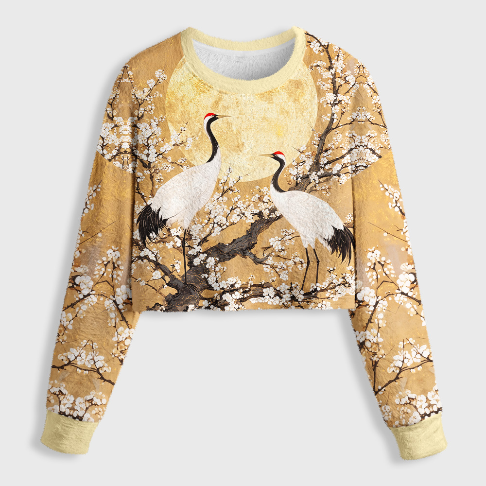 Tokyo-Tiger Plum Moon Crane Scroll Women's Fuzzy Cropped Sweatshirt