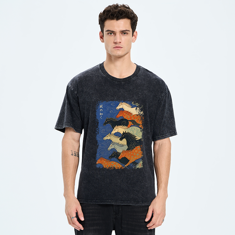 Tokyo-Tiger Vintage Japanese Running Horses Art Washed T-Shirt