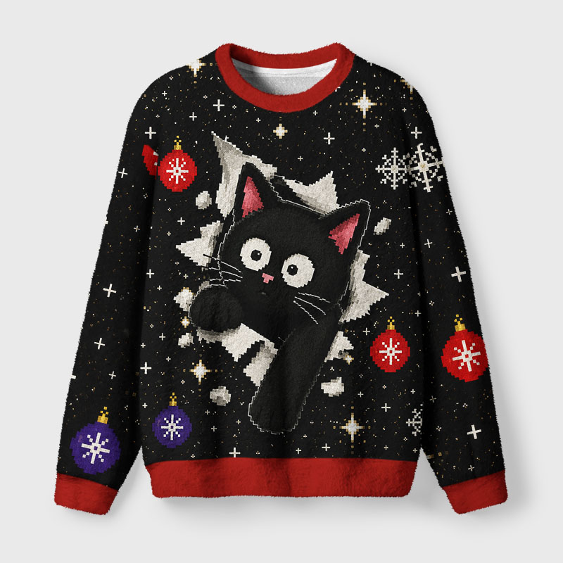 Tokyo-Tiger Breakout Black Cat Fuzzy Christmas Ugly Sweatshirt