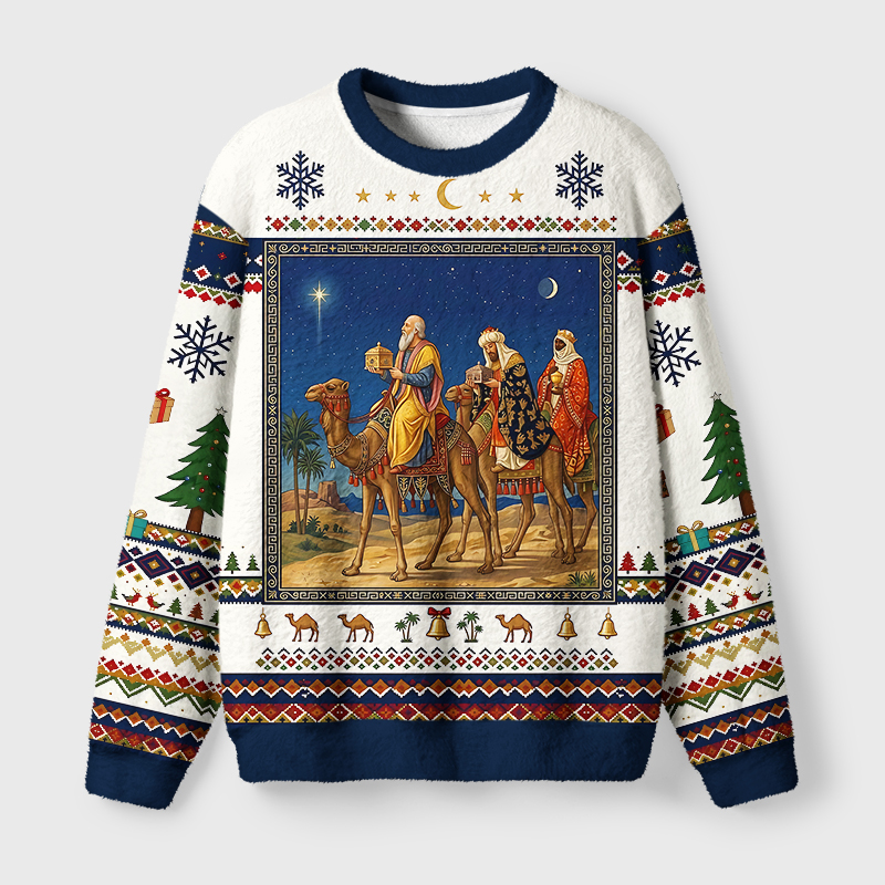Tokyo-Tiger Vintage Three Wise Men Christmas Story Fuzzy Christmas Ugly Sweatshirt