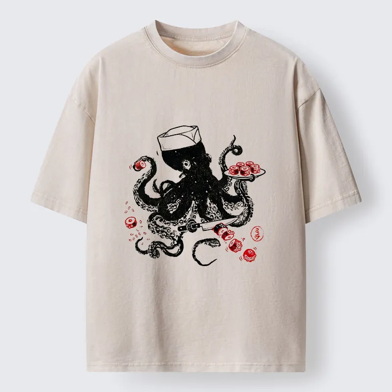 Tokyo-Tiger Octopus Making Sushi Funny Meme Washed T-Shirt