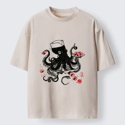 Tokyo-Tiger Octopus Making Sushi Funny Meme Washed T-Shirt
